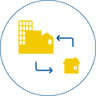 Graphic of a hospital and house