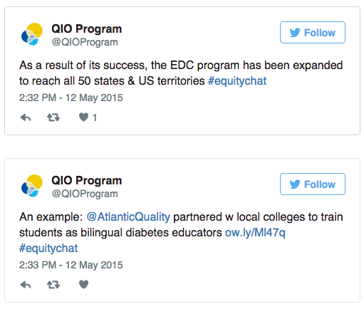 An image of EquityChat tweets from the @QIOProgram Twitter account